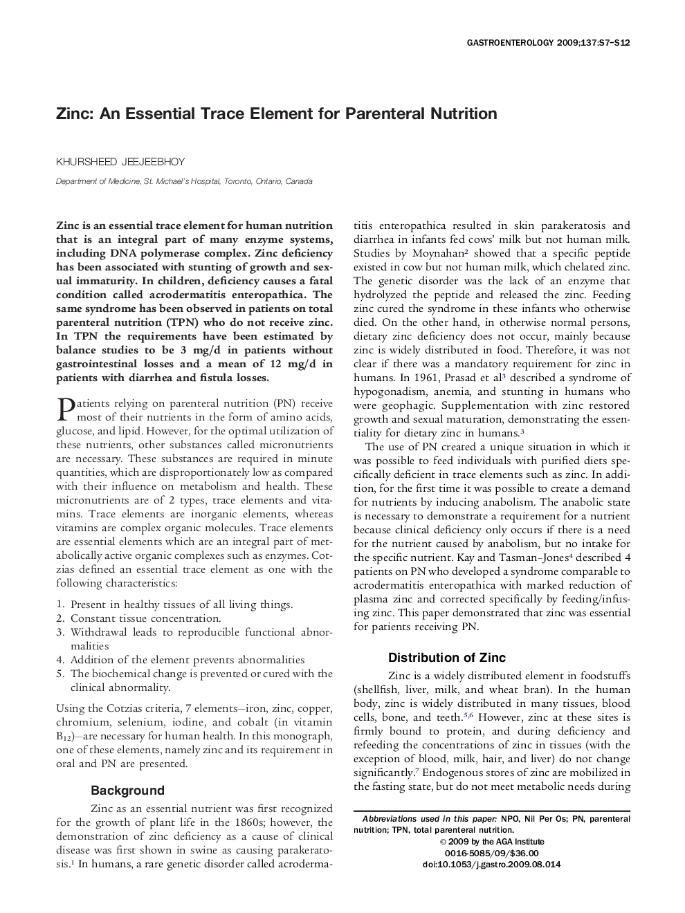 Zinc: An Essential Trace Element for Parenteral Nutrition 