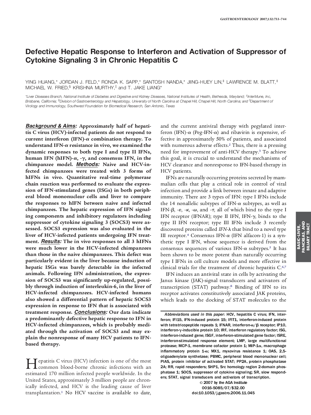 Defective Hepatic Response to Interferon and Activation of Suppressor of Cytokine Signaling 3 in Chronic Hepatitis C 