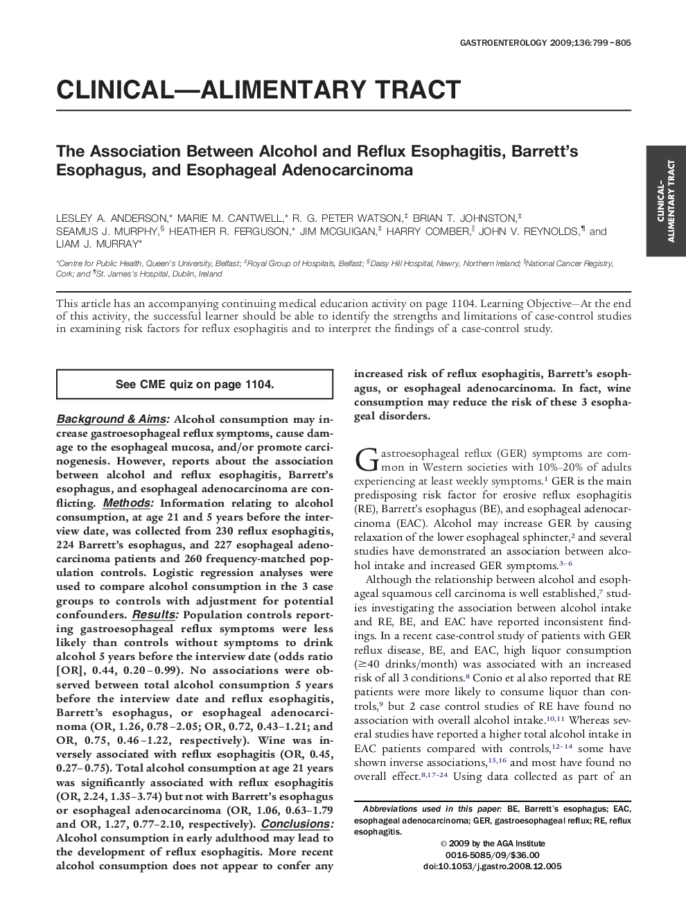 The Association Between Alcohol and Reflux Esophagitis, Barrett's Esophagus, and Esophageal Adenocarcinoma 