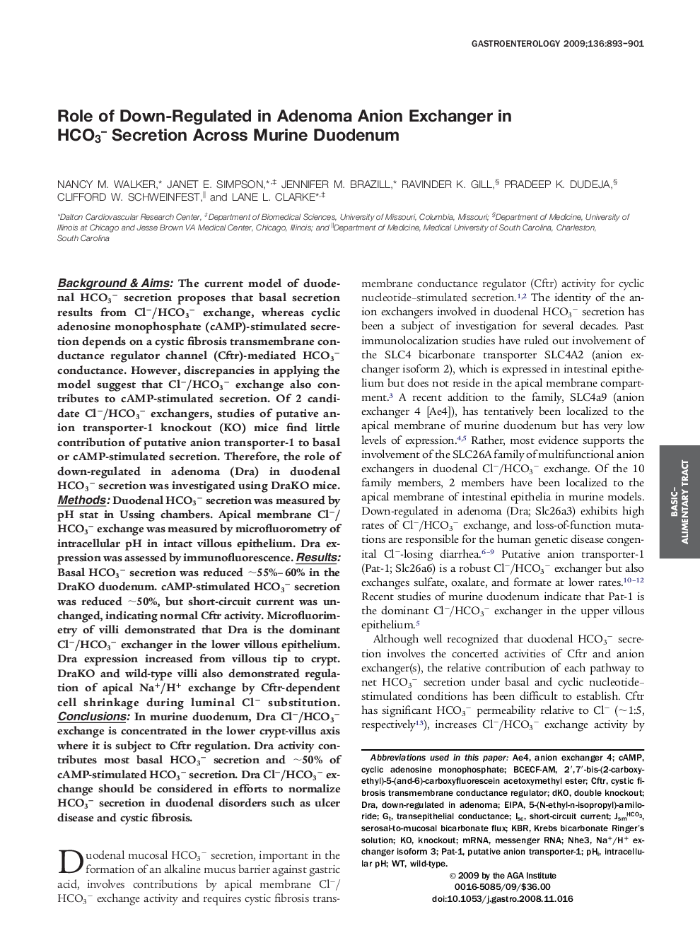 Role of Down-Regulated in Adenoma Anion Exchanger in HCO3- Secretion Across Murine Duodenum