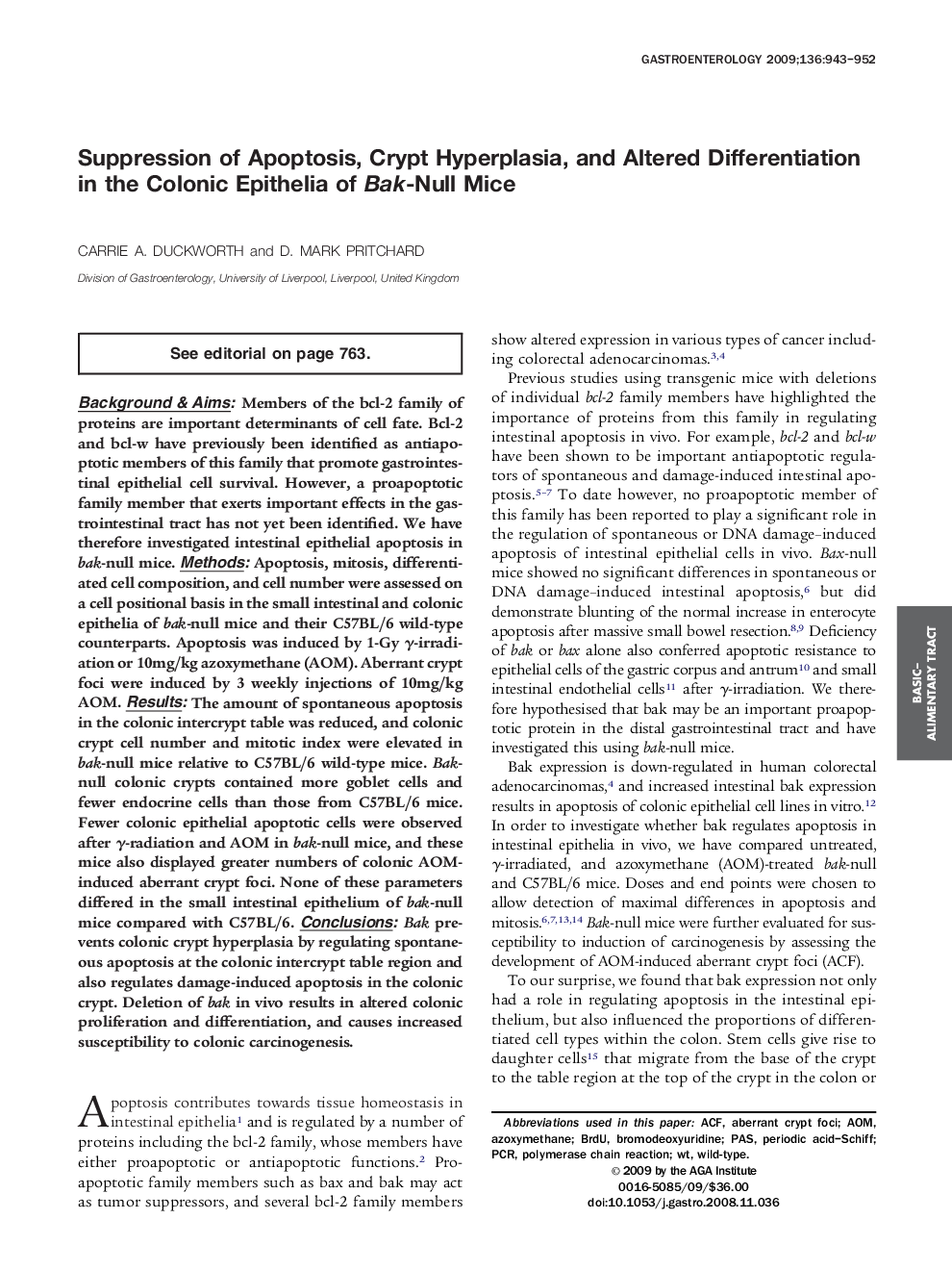 Suppression of Apoptosis, Crypt Hyperplasia, and Altered Differentiation in the Colonic Epithelia of Bak-Null Mice 