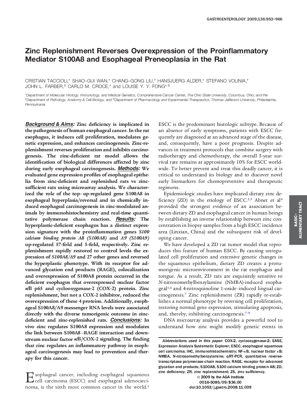 Zinc Replenishment Reverses Overexpression of the Proinflammatory Mediator S100A8 and Esophageal Preneoplasia in the Rat 