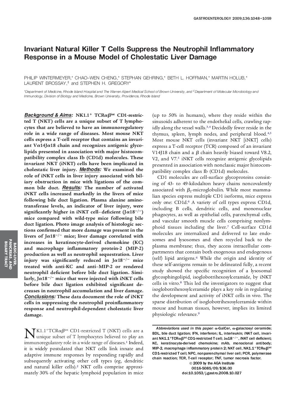 Invariant Natural Killer T Cells Suppress the Neutrophil Inflammatory Response in a Mouse Model of Cholestatic Liver Damage