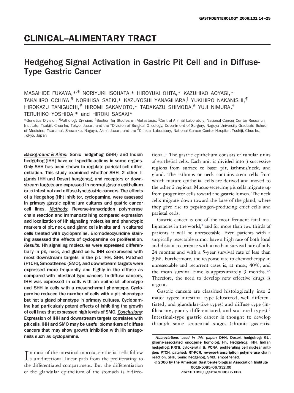 Hedgehog Signal Activation in Gastric Pit Cell and in Diffuse-Type Gastric Cancer 