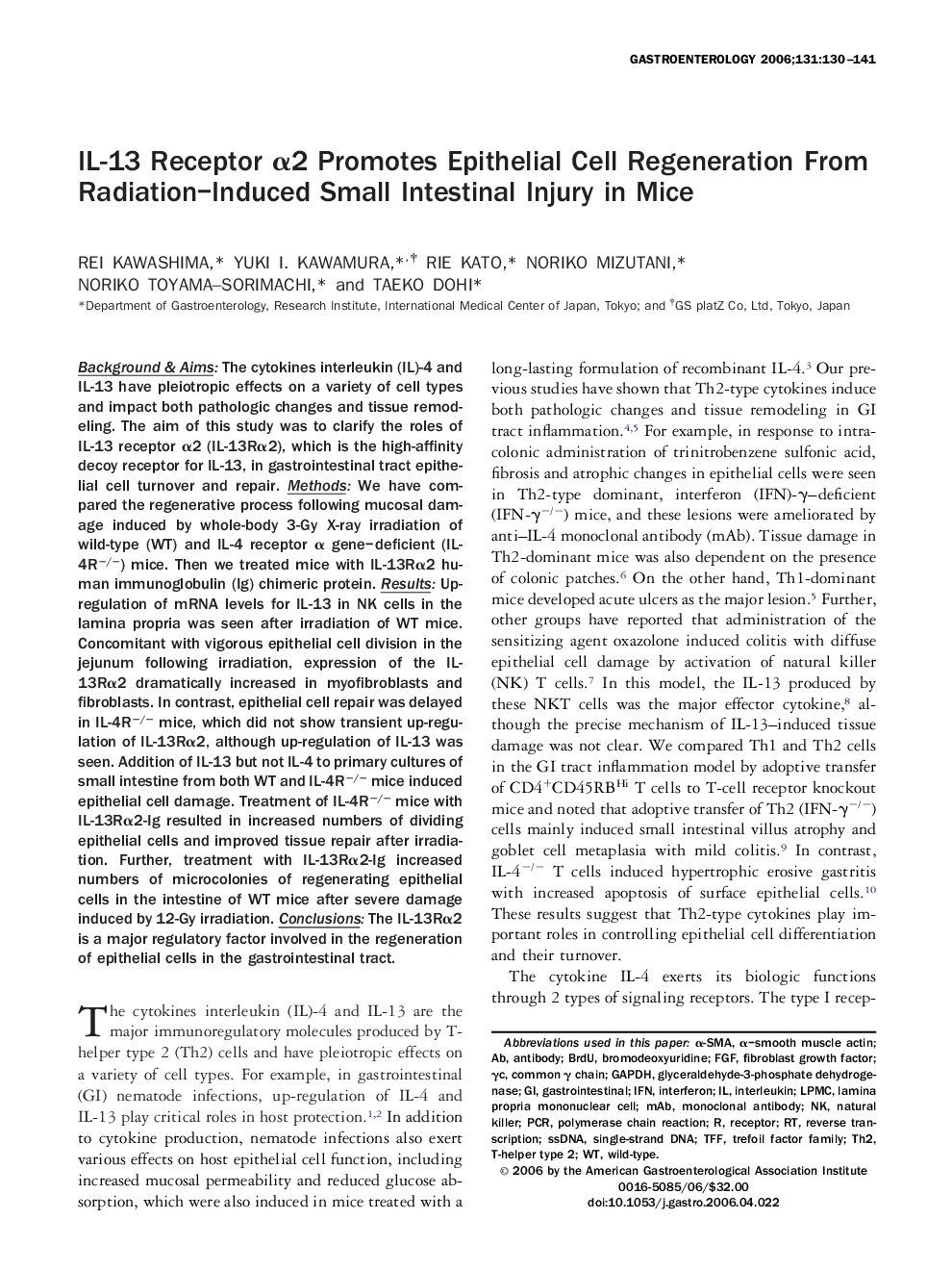 IL-13 Receptor α2 Promotes Epithelial Cell Regeneration From Radiation–Induced Small Intestinal Injury in Mice 