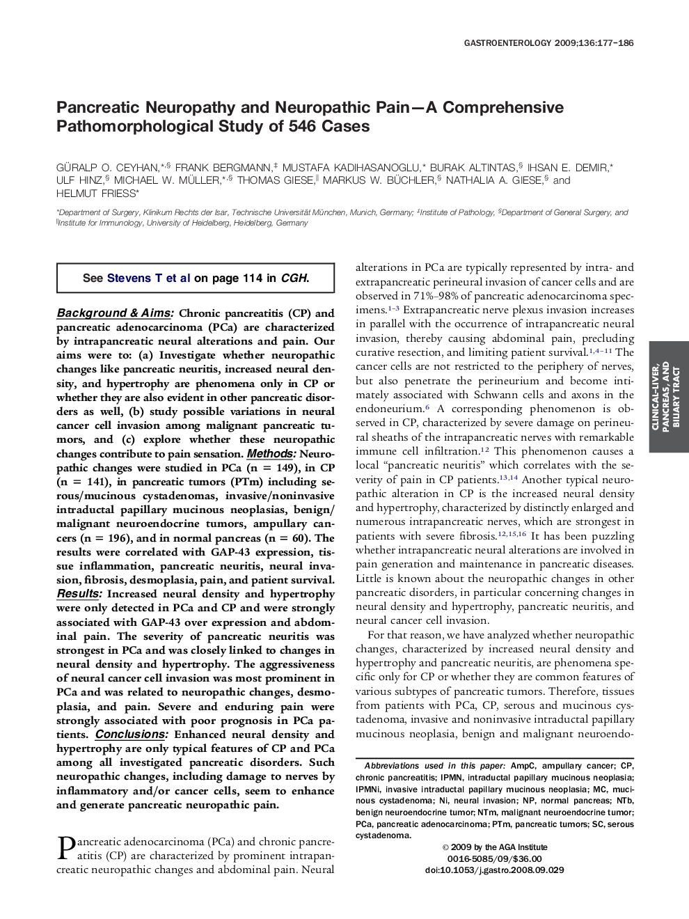 Pancreatic Neuropathy and Neuropathic Pain-A Comprehensive Pathomorphological Study of 546 Cases