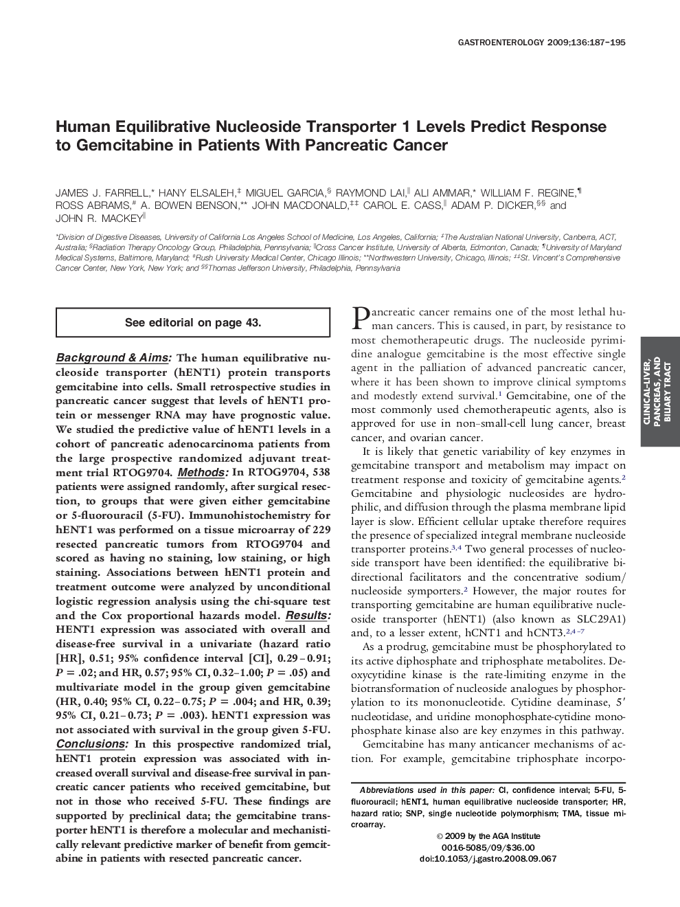 Human Equilibrative Nucleoside Transporter 1 Levels Predict Response to Gemcitabine in Patients With Pancreatic Cancer 