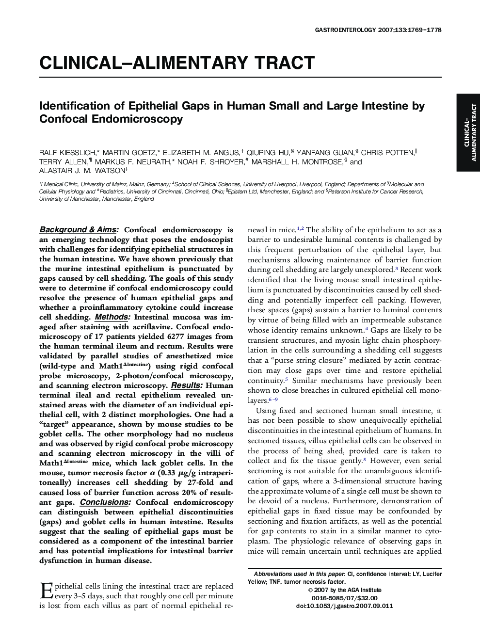 Identification of Epithelial Gaps in Human Small and Large Intestine by Confocal Endomicroscopy 