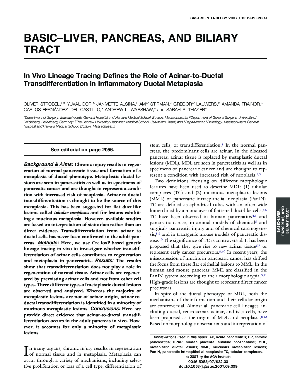 In Vivo Lineage Tracing Defines the Role of Acinar-to-Ductal Transdifferentiation in Inflammatory Ductal Metaplasia 