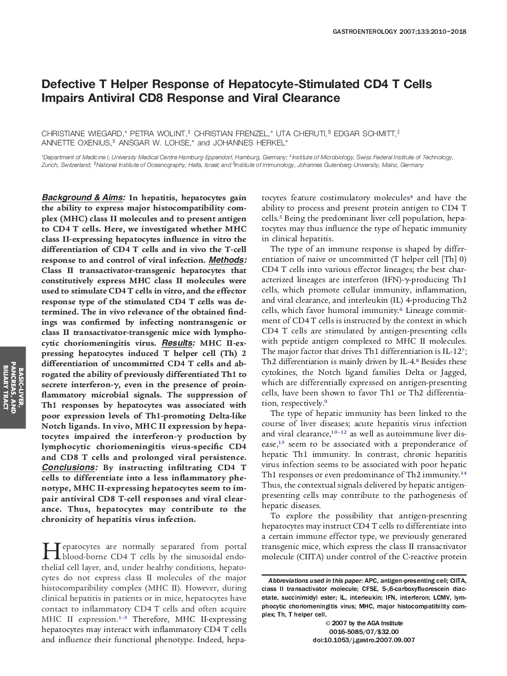 Defective T Helper Response of Hepatocyte-Stimulated CD4 T Cells Impairs Antiviral CD8 Response and Viral Clearance