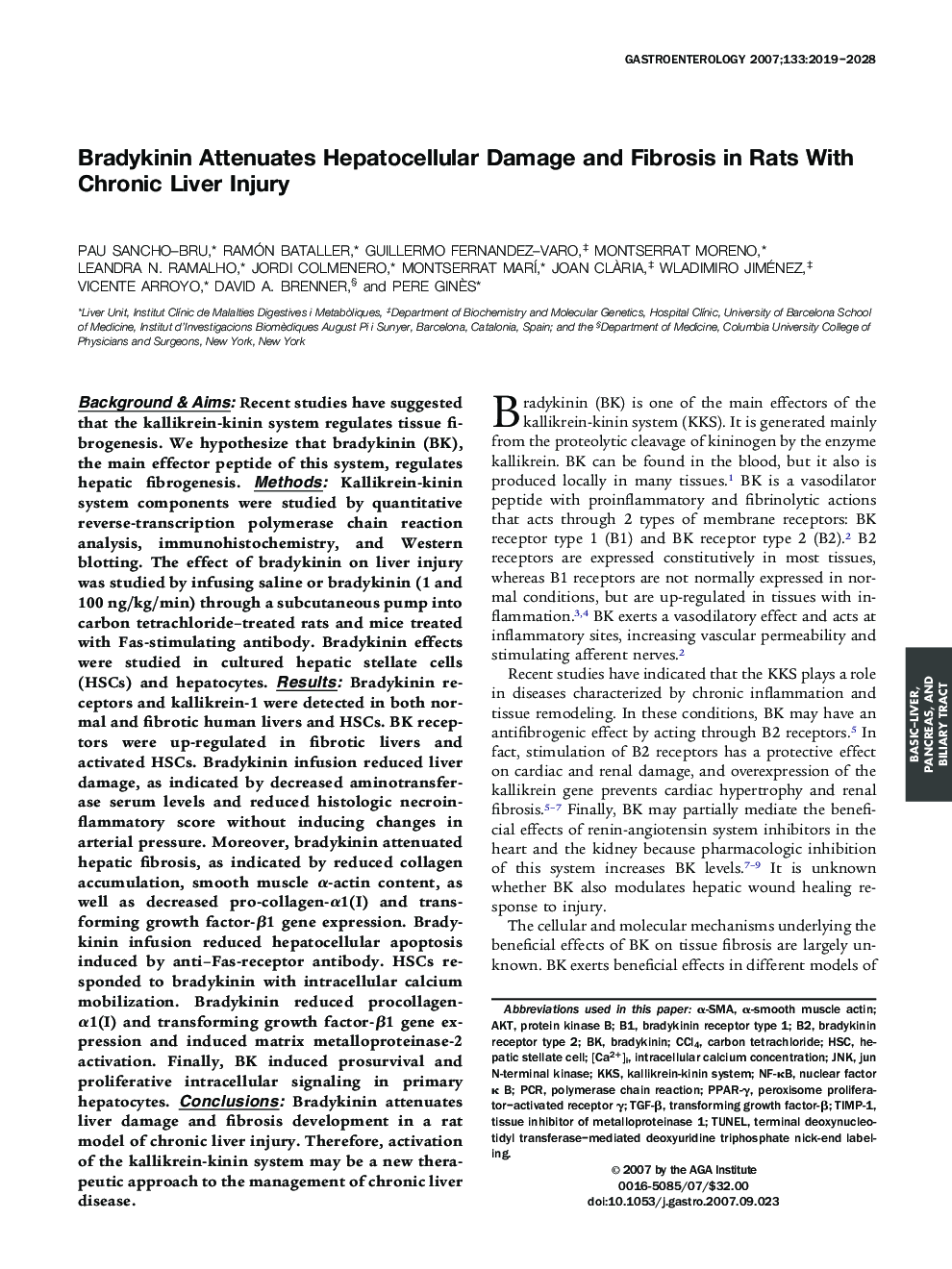 Bradykinin Attenuates Hepatocellular Damage and Fibrosis in Rats With Chronic Liver Injury 