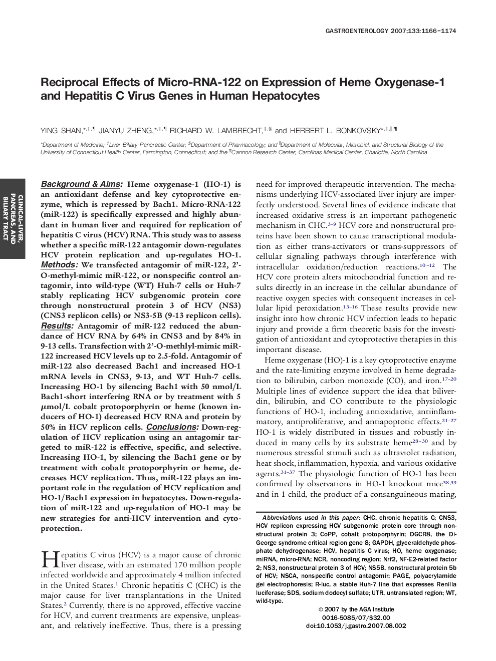 Reciprocal Effects of Micro-RNA-122 on Expression of Heme Oxygenase-1 and Hepatitis C Virus Genes in Human Hepatocytes 