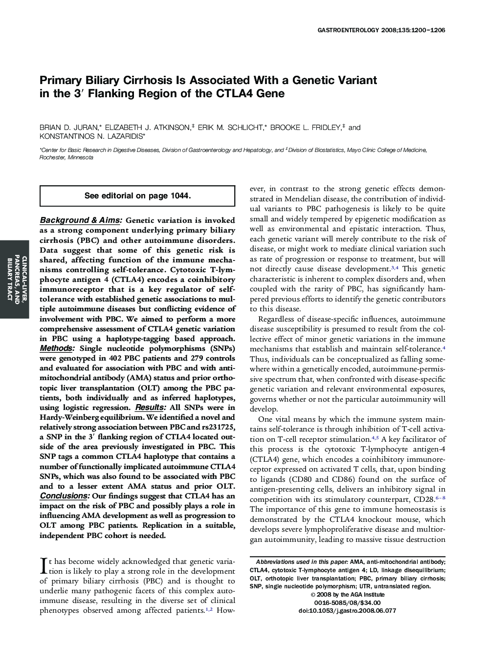 Primary Biliary Cirrhosis Is Associated With a Genetic Variant in the 3′ Flanking Region of the CTLA4 Gene 