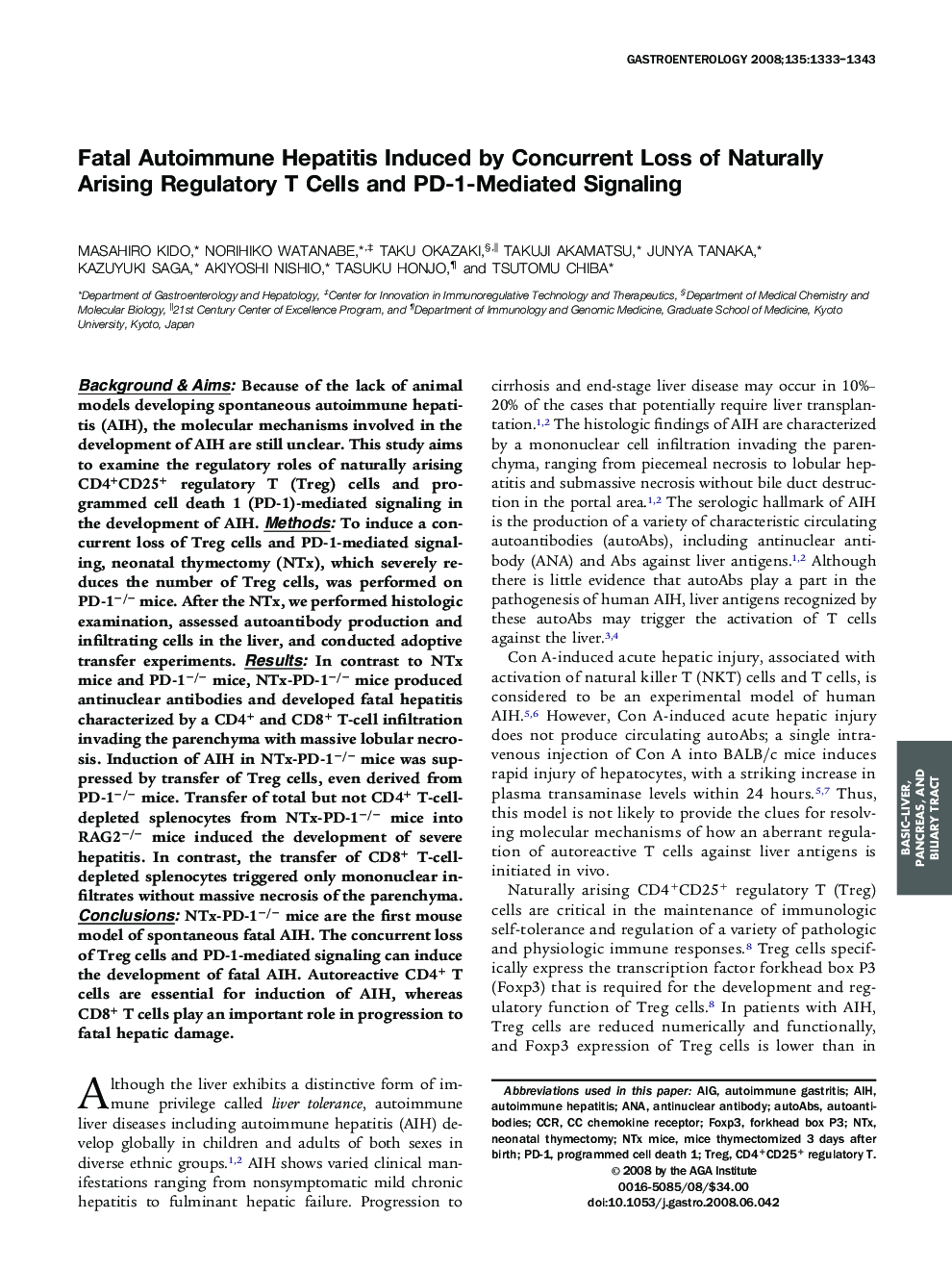 Fatal Autoimmune Hepatitis Induced by Concurrent Loss of Naturally Arising Regulatory T Cells and PD-1-Mediated Signaling 