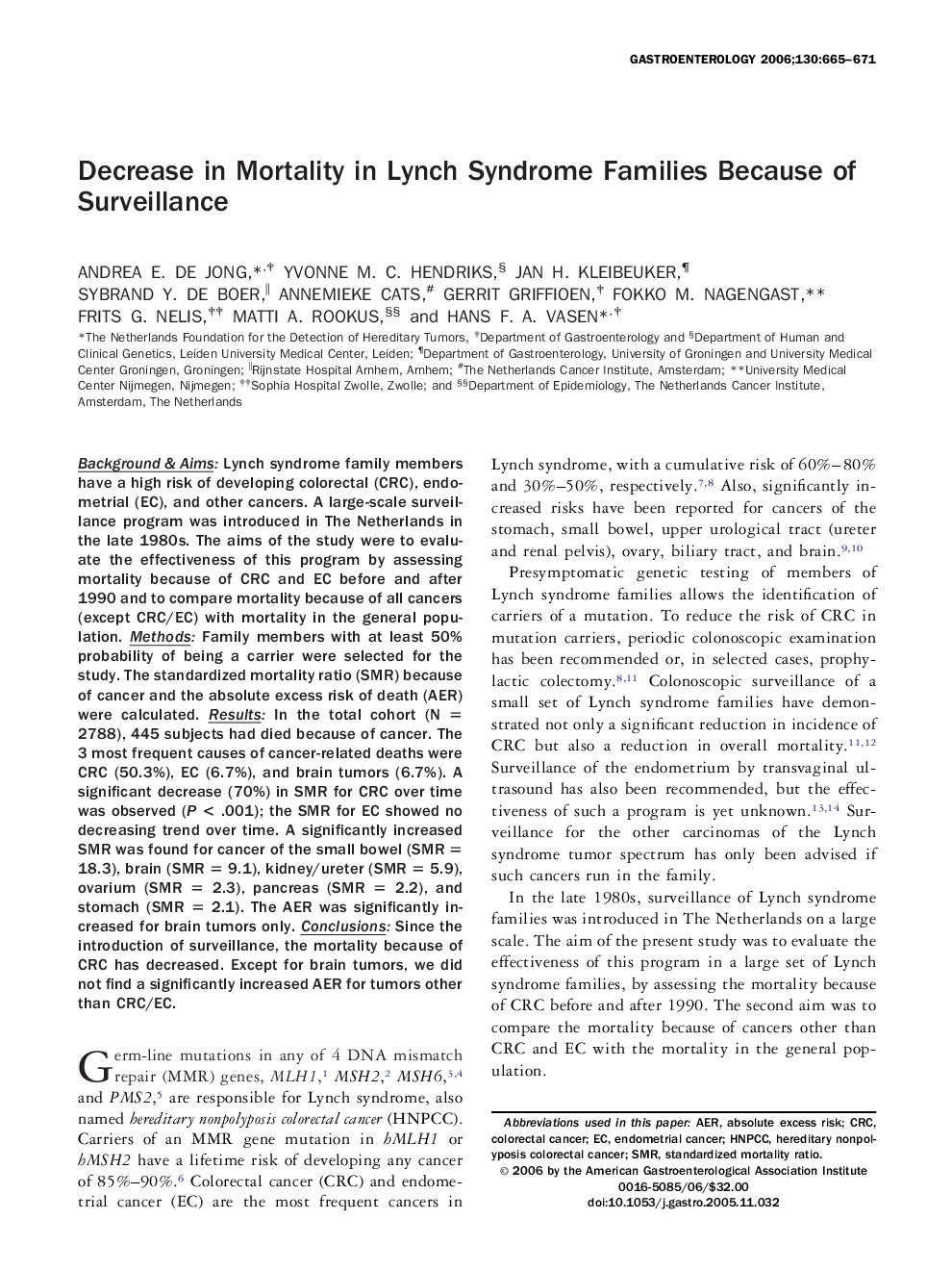 Decrease in Mortality in Lynch Syndrome Families Because of Surveillance