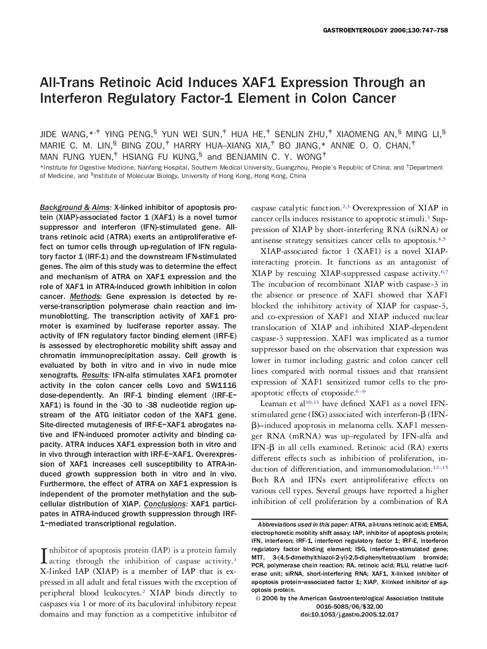 All-Trans Retinoic Acid Induces XAF1 Expression Through an Interferon Regulatory Factor-1 Element in Colon Cancer 