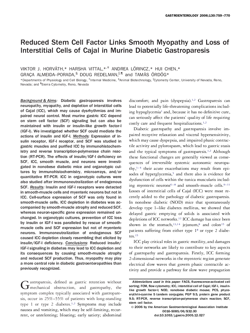 Reduced Stem Cell Factor Links Smooth Myopathy and Loss of Interstitial Cells of Cajal in Murine Diabetic Gastroparesis 