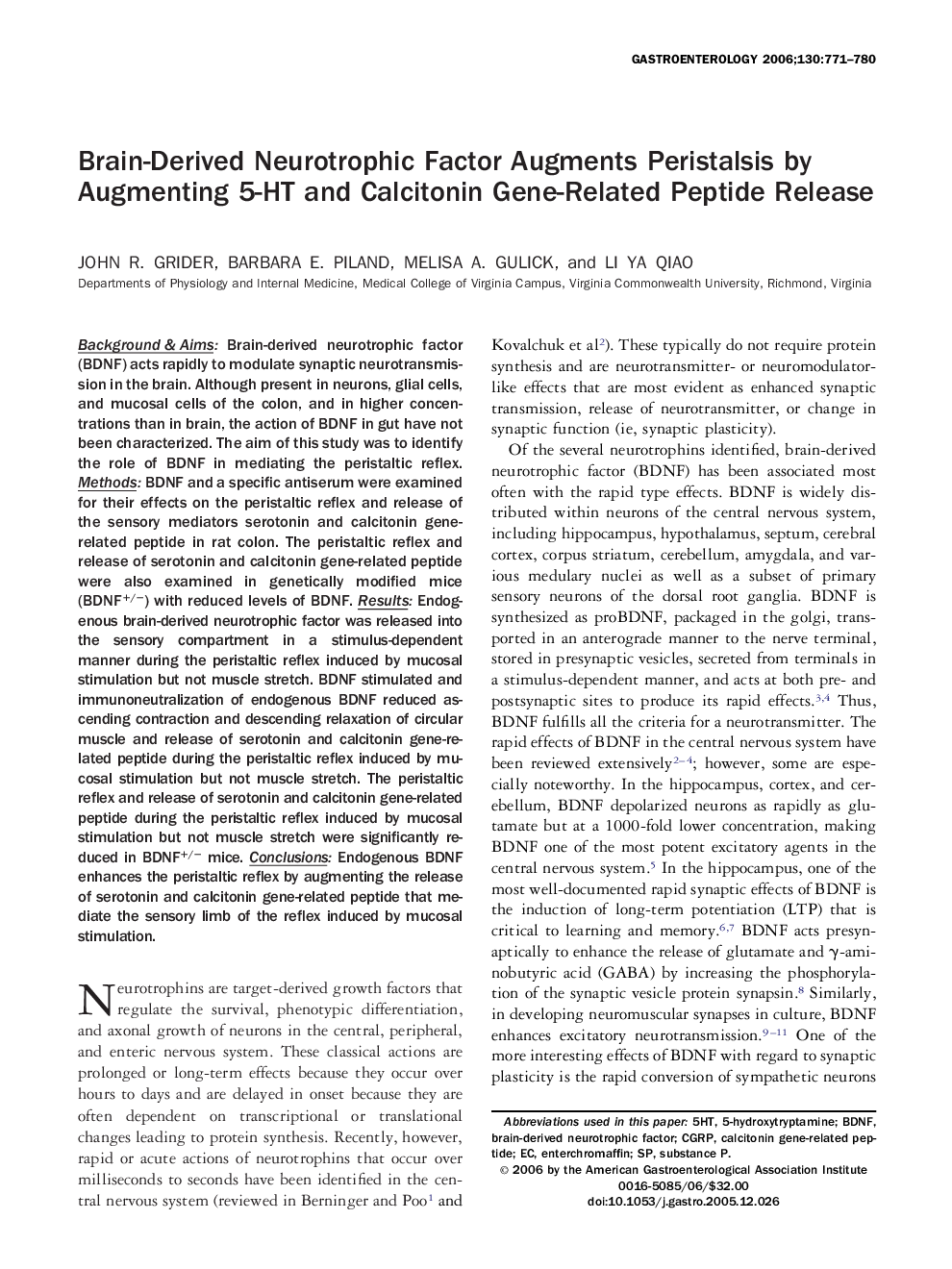 Brain-Derived Neurotrophic Factor Augments Peristalsis by Augmenting 5-HT and Calcitonin Gene-Related Peptide Release 