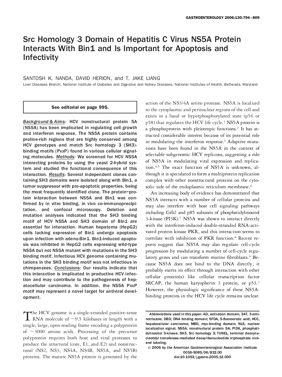 Src Homology 3 Domain of Hepatitis C Virus NS5A Protein Interacts With Bin1 and Is Important for Apoptosis and Infectivity 