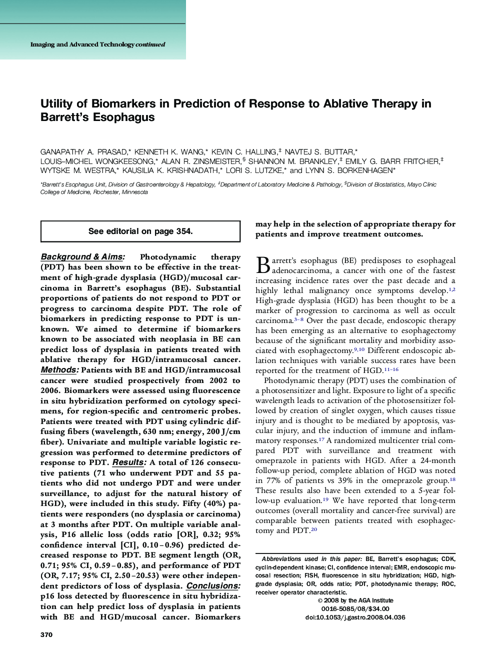 Utility of Biomarkers in Prediction of Response to Ablative Therapy in Barrett's Esophagus 