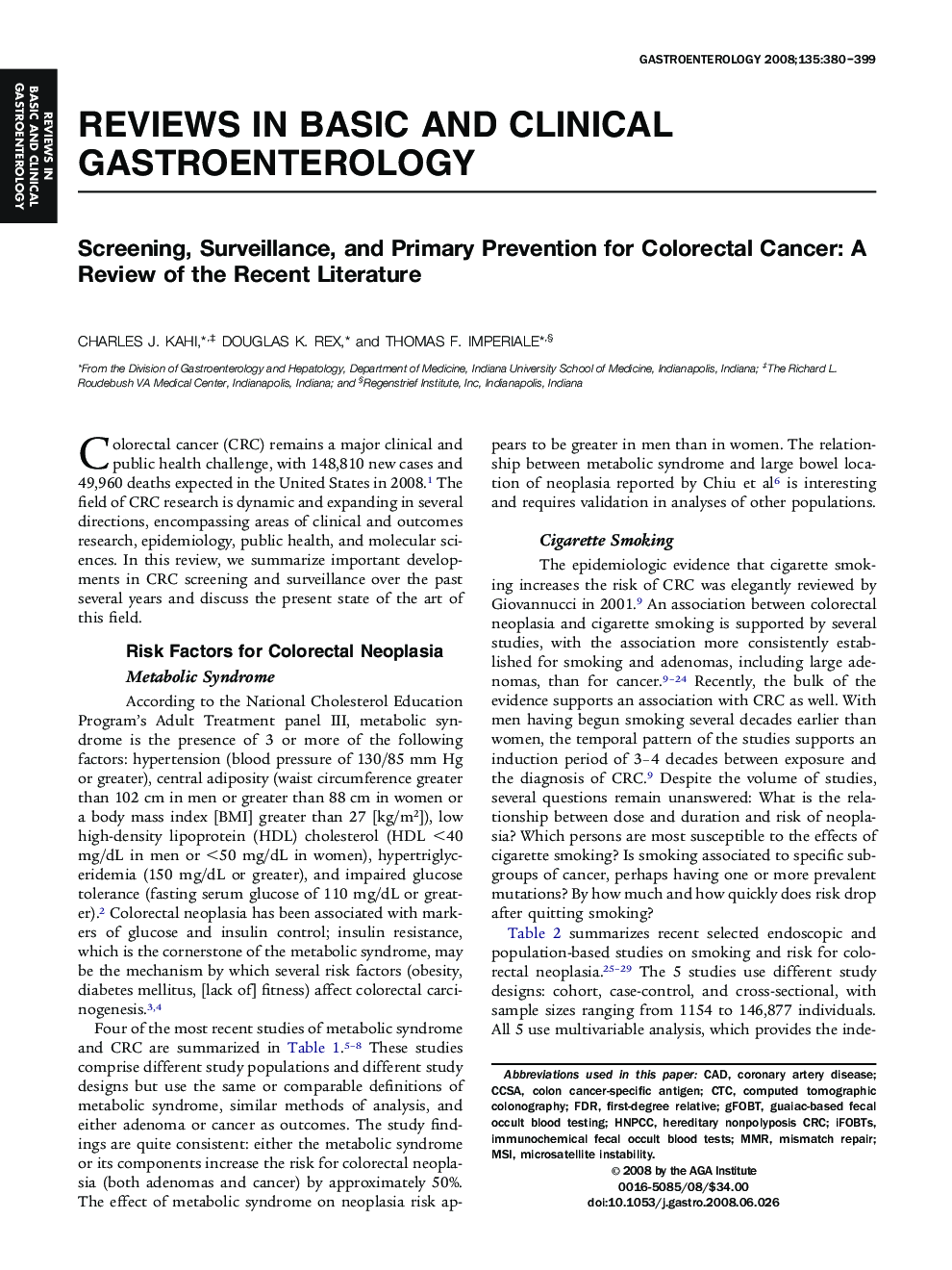 Screening, Surveillance, and Primary Prevention for Colorectal Cancer: A Review of the Recent Literature