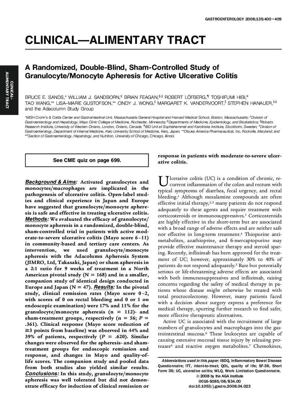 A Randomized, Double-Blind, Sham-Controlled Study of Granulocyte/Monocyte Apheresis for Active Ulcerative Colitis 
