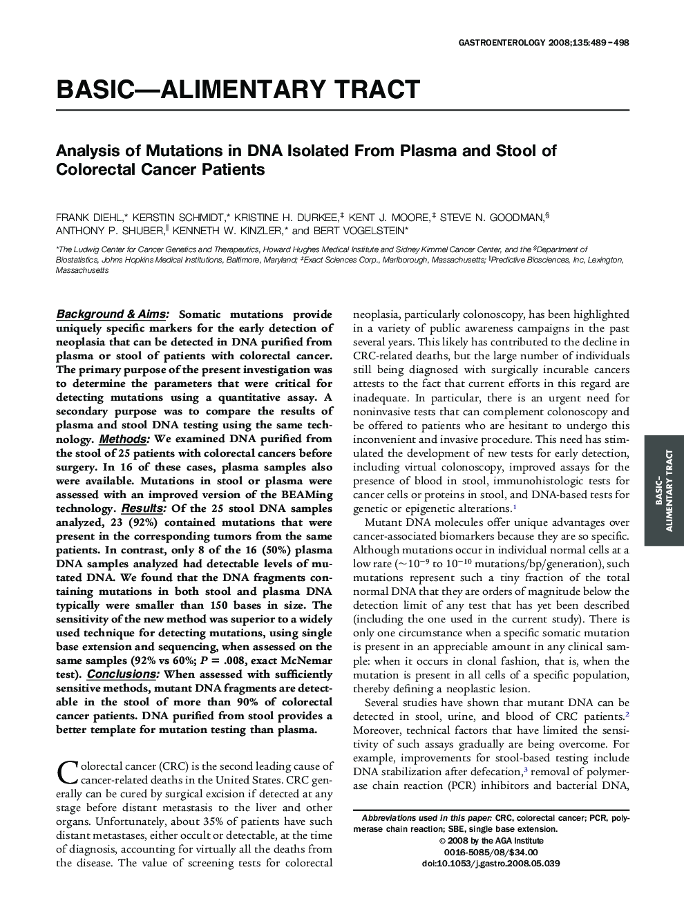 Analysis of Mutations in DNA Isolated From Plasma and Stool of Colorectal Cancer Patients