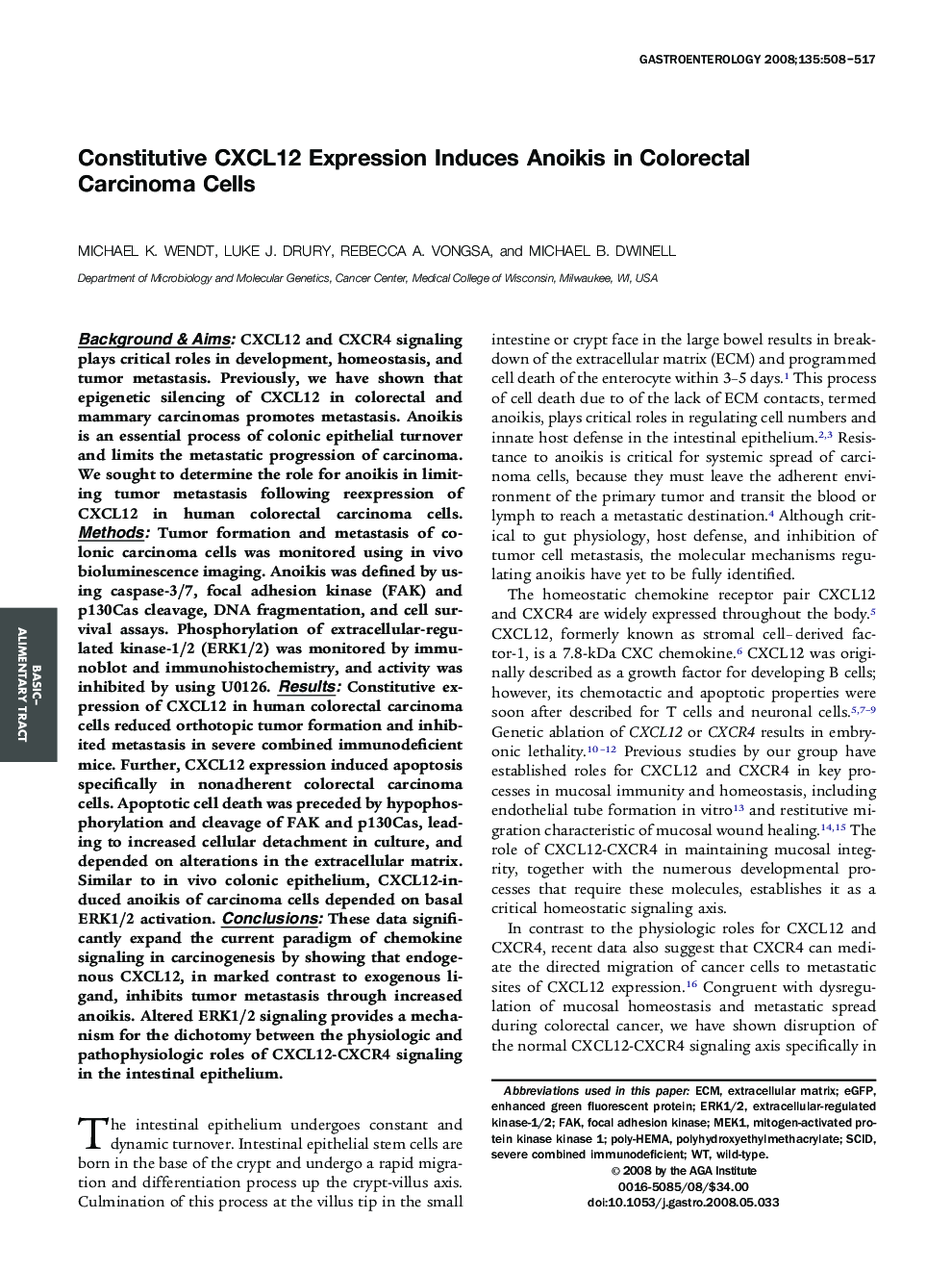 Constitutive CXCL12 Expression Induces Anoikis in Colorectal Carcinoma Cells