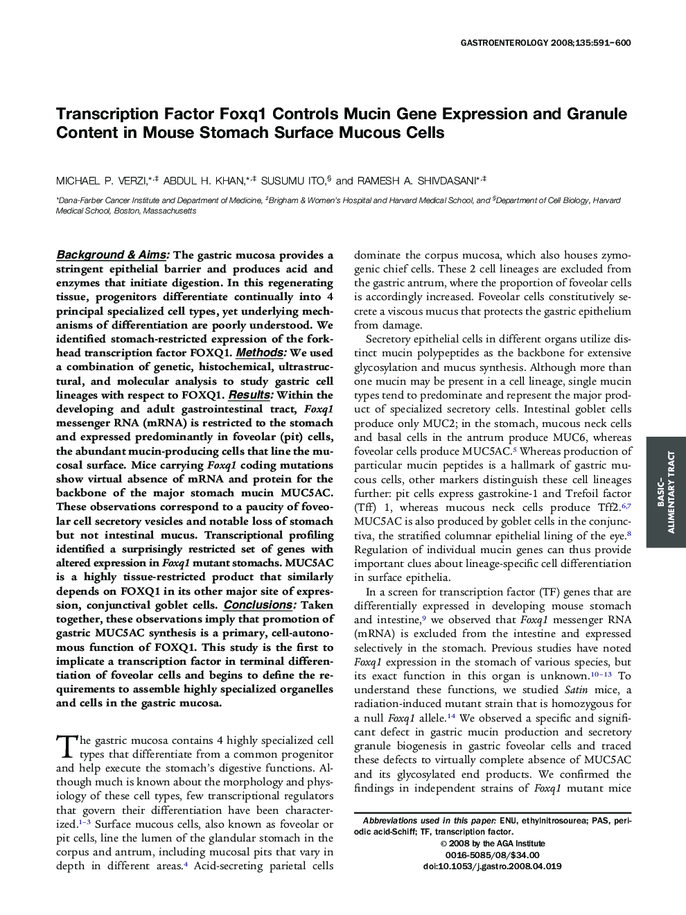 Transcription Factor Foxq1 Controls Mucin Gene Expression and Granule Content in Mouse Stomach Surface Mucous Cells 