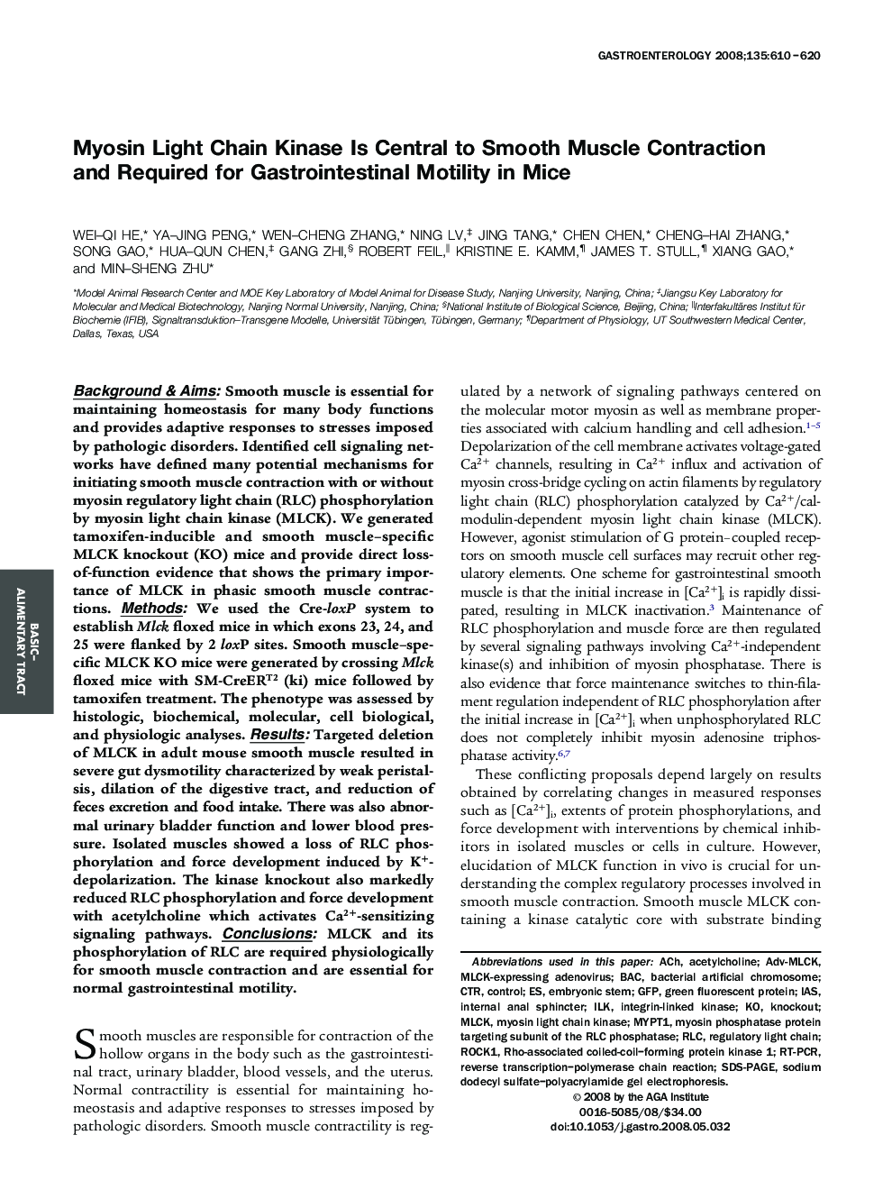 Myosin Light Chain Kinase Is Central to Smooth Muscle Contraction and Required for Gastrointestinal Motility in Mice