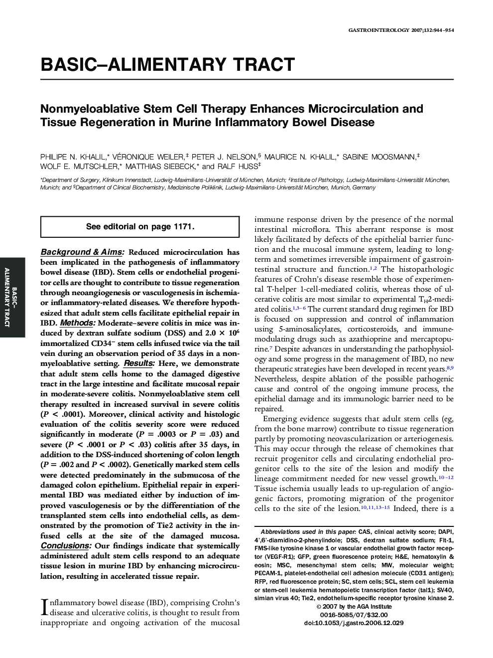 Nonmyeloablative Stem Cell Therapy Enhances Microcirculation and Tissue Regeneration in Murine Inflammatory Bowel Disease