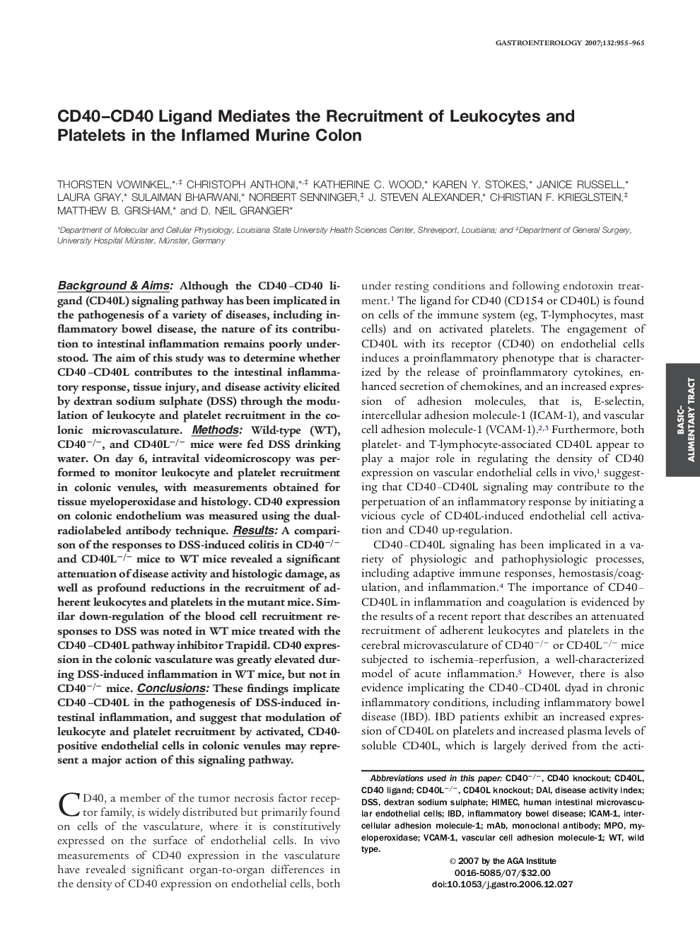 CD40–CD40 Ligand Mediates the Recruitment of Leukocytes and Platelets in the Inflamed Murine Colon 