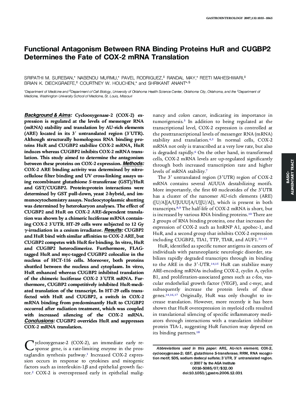 Functional Antagonism Between RNA Binding Proteins HuR and CUGBP2 Determines the Fate of COX-2 mRNA Translation 