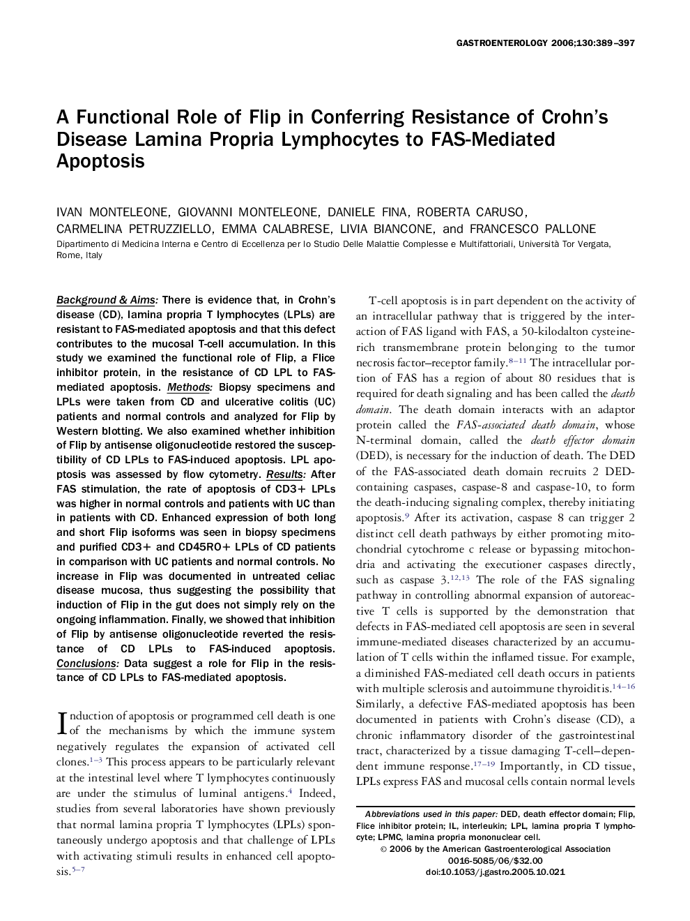 A Functional Role of Flip in Conferring Resistance of Crohn’s Disease Lamina Propria Lymphocytes to FAS-Mediated Apoptosis