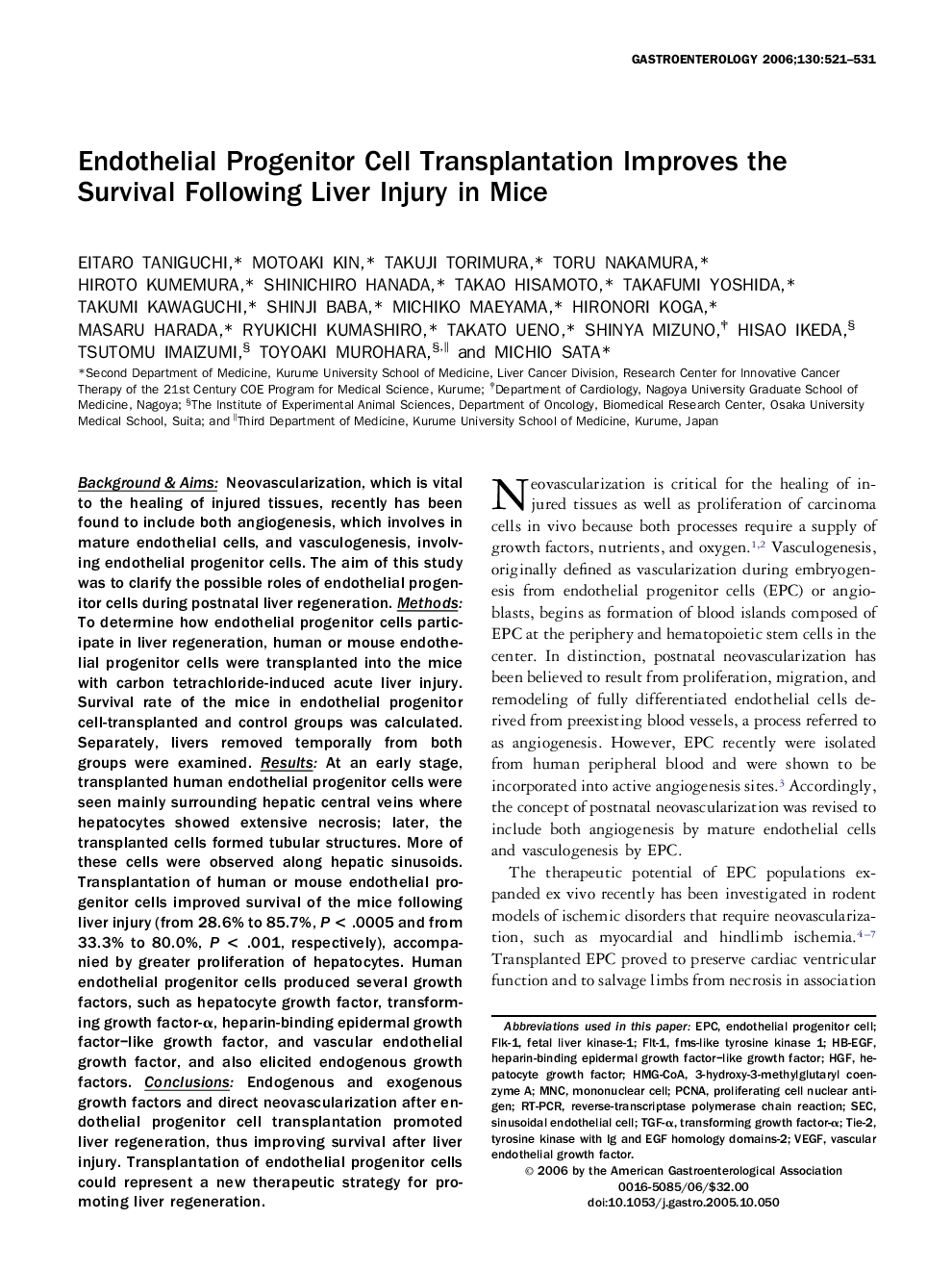 Endothelial Progenitor Cell Transplantation Improves the Survival Following Liver Injury in Mice