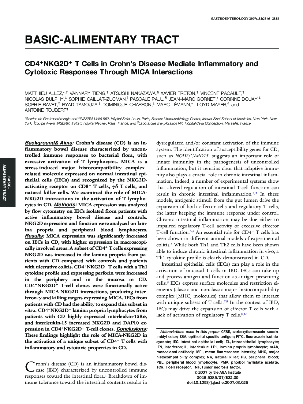 CD4+NKG2D+ T Cells in Crohn’s Disease Mediate Inflammatory and Cytotoxic Responses Through MICA Interactions 