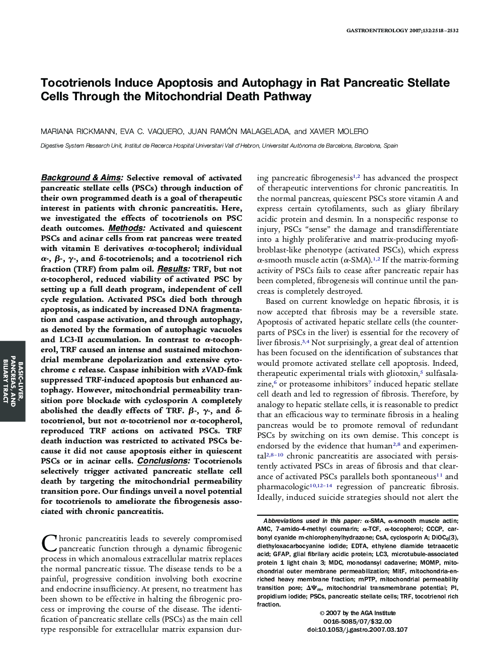 Tocotrienols Induce Apoptosis and Autophagy in Rat Pancreatic Stellate Cells Through the Mitochondrial Death Pathway 