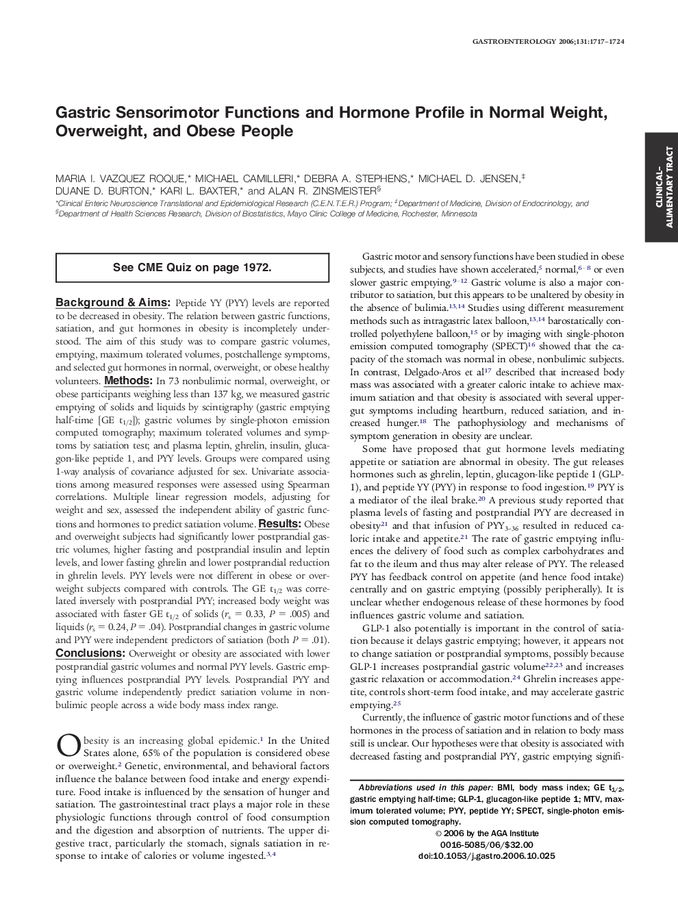 Gastric Sensorimotor Functions and Hormone Profile in Normal Weight, Overweight, and Obese People