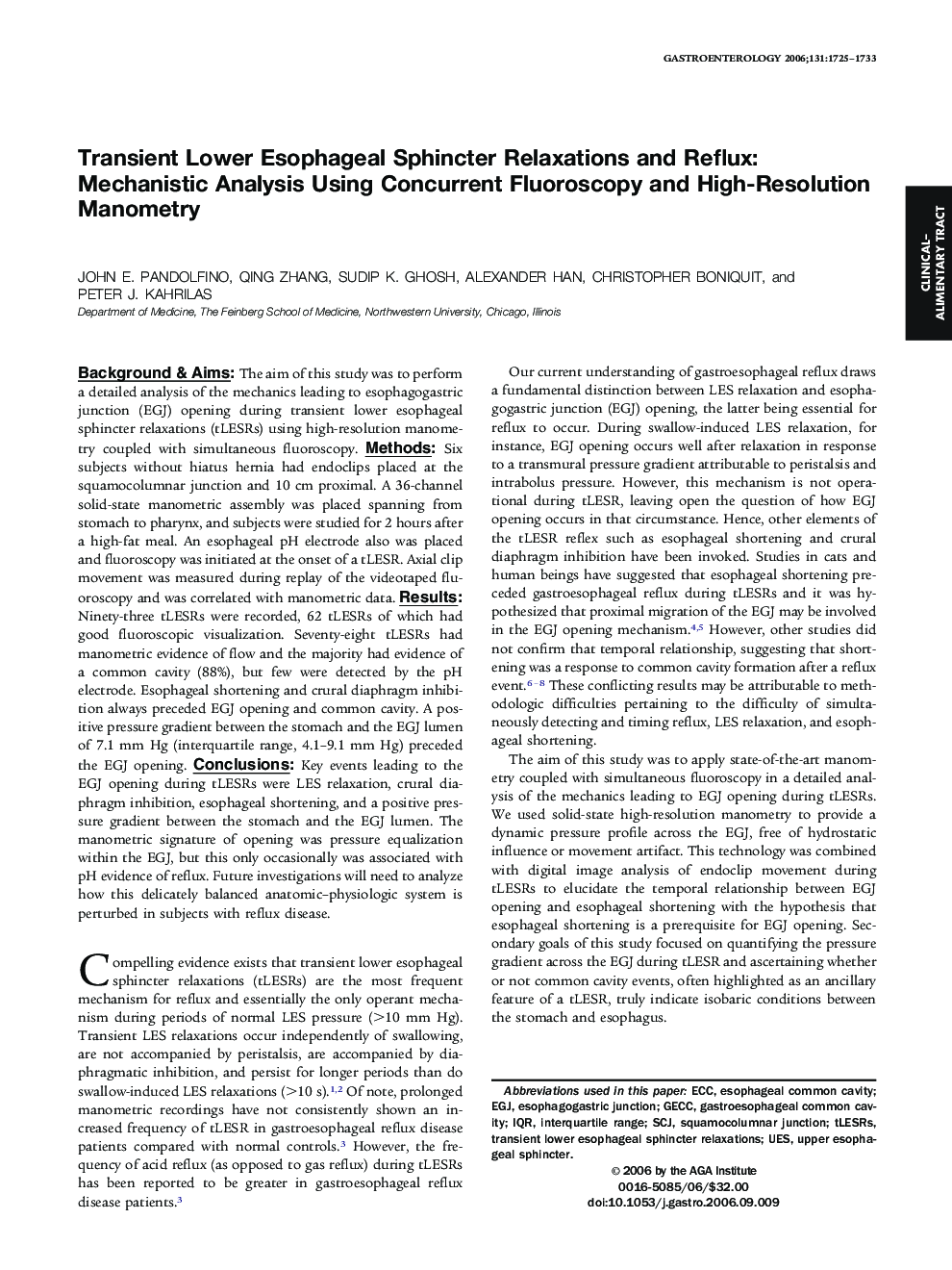 Transient Lower Esophageal Sphincter Relaxations and Reflux: Mechanistic Analysis Using Concurrent Fluoroscopy and High-Resolution Manometry 