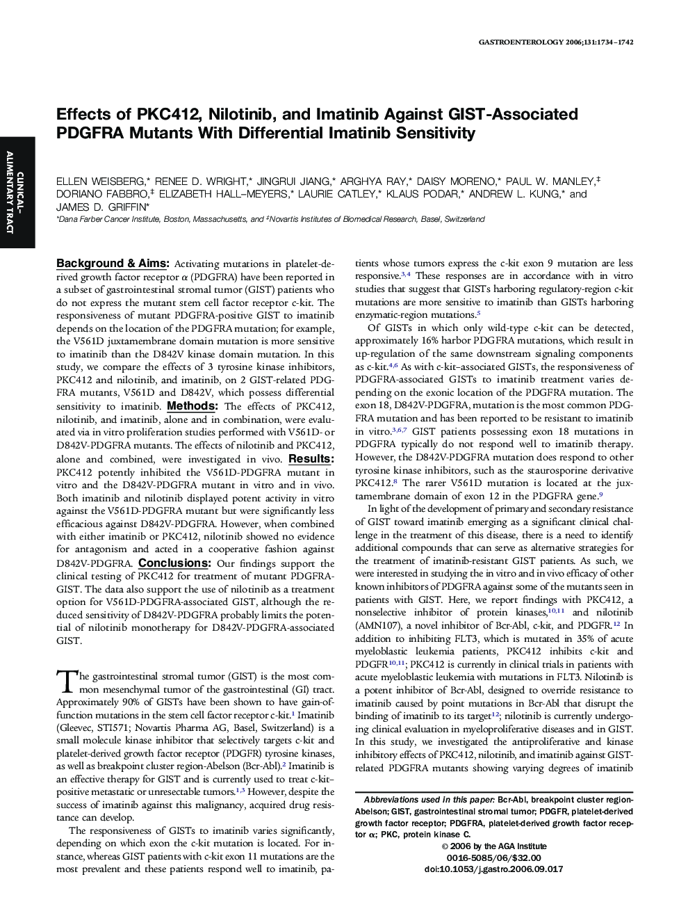 Effects of PKC412, Nilotinib, and Imatinib Against GIST-Associated PDGFRA Mutants With Differential Imatinib Sensitivity