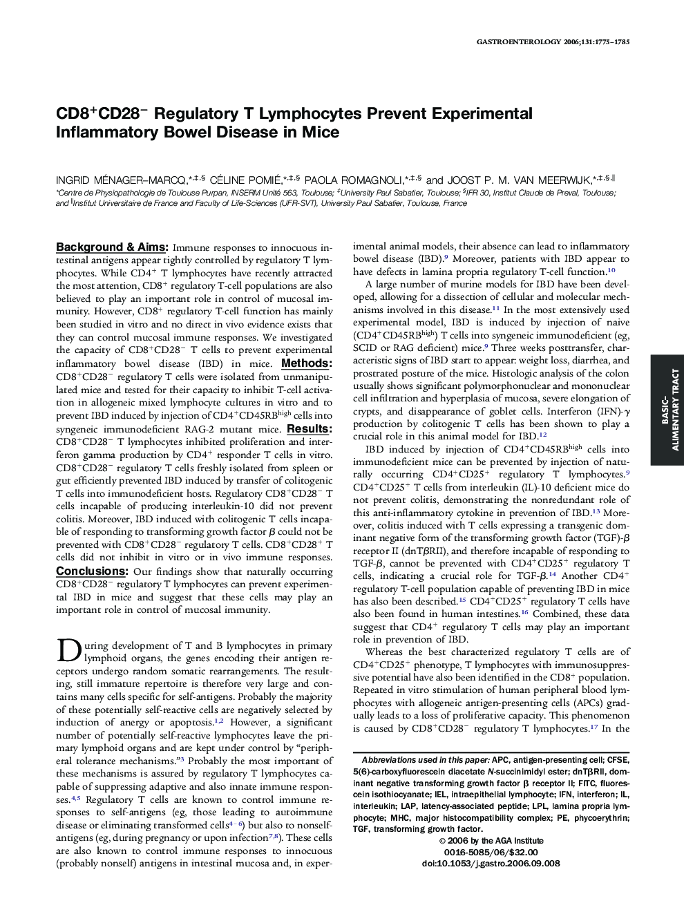 CD8+CD28â Regulatory T Lymphocytes Prevent Experimental Inflammatory Bowel Disease in Mice