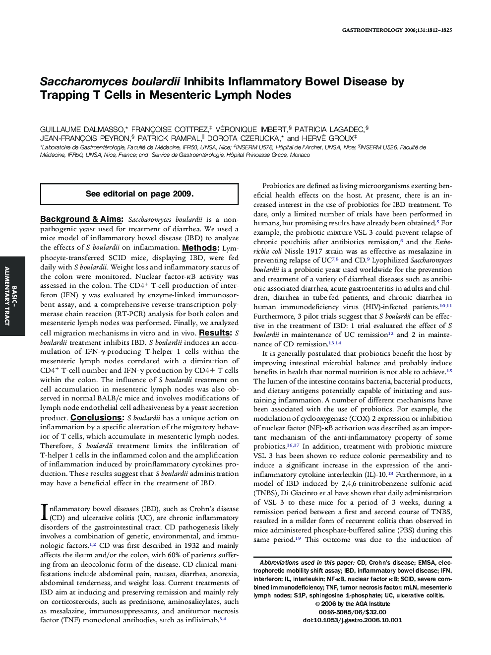 Saccharomyces boulardii Inhibits Inflammatory Bowel Disease by Trapping T Cells in Mesenteric Lymph Nodes 