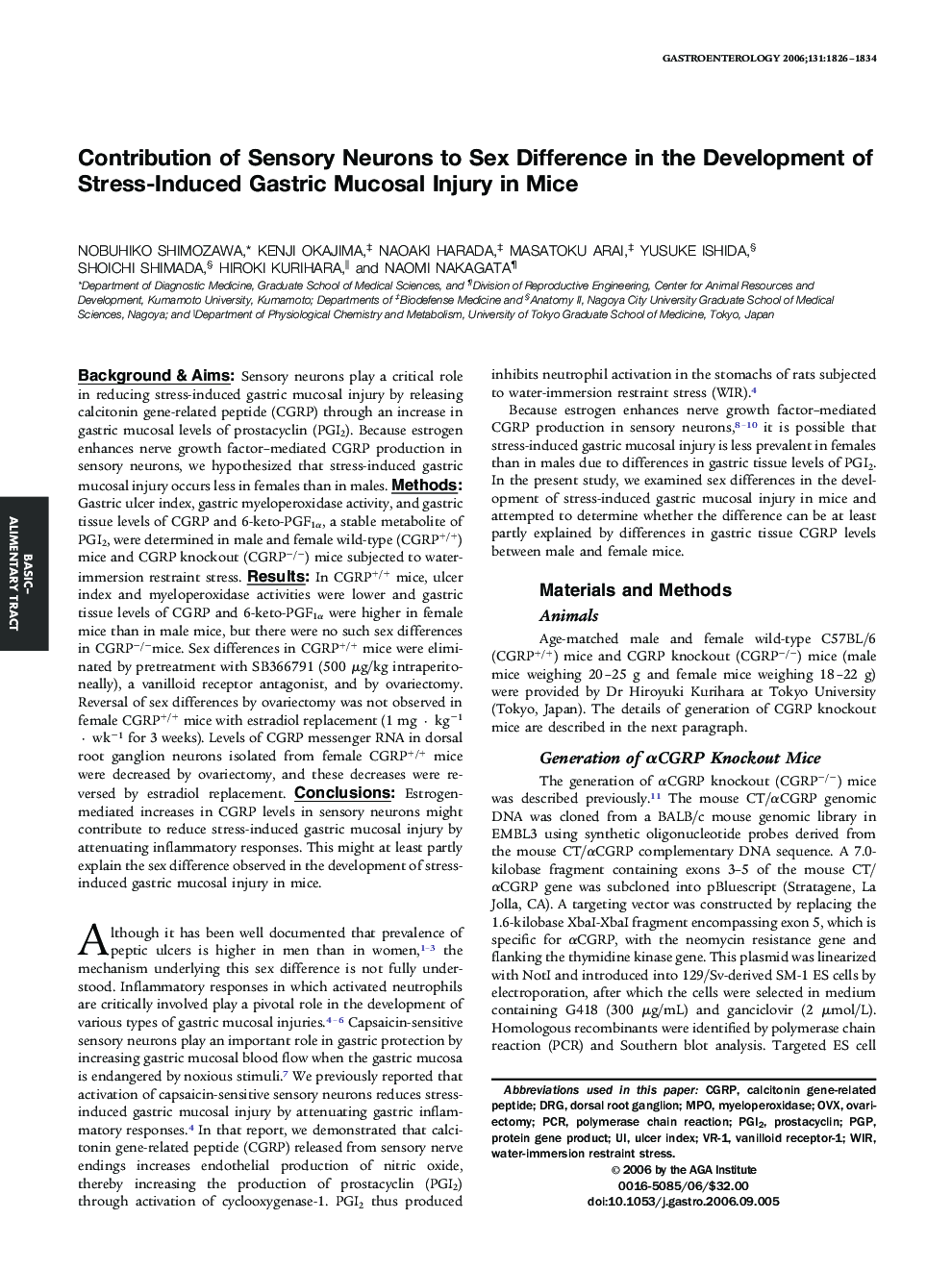 Contribution of Sensory Neurons to Sex Difference in the Development of Stress-Induced Gastric Mucosal Injury in Mice