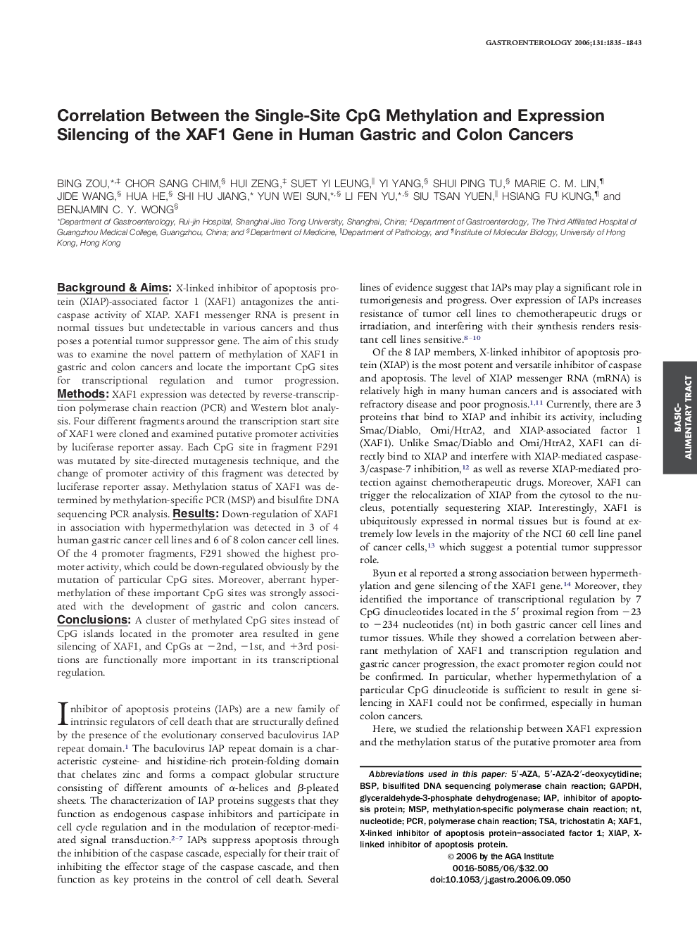 Correlation Between the Single-Site CpG Methylation and Expression Silencing of the XAF1 Gene in Human Gastric and Colon Cancers