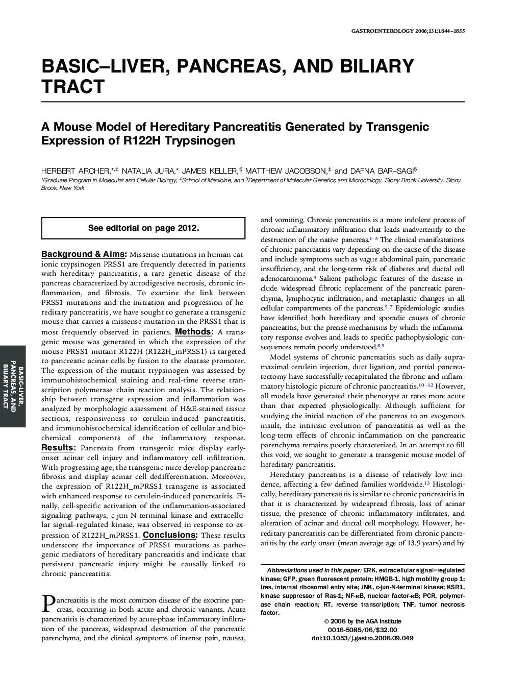 A Mouse Model of Hereditary Pancreatitis Generated by Transgenic Expression of R122H Trypsinogen 