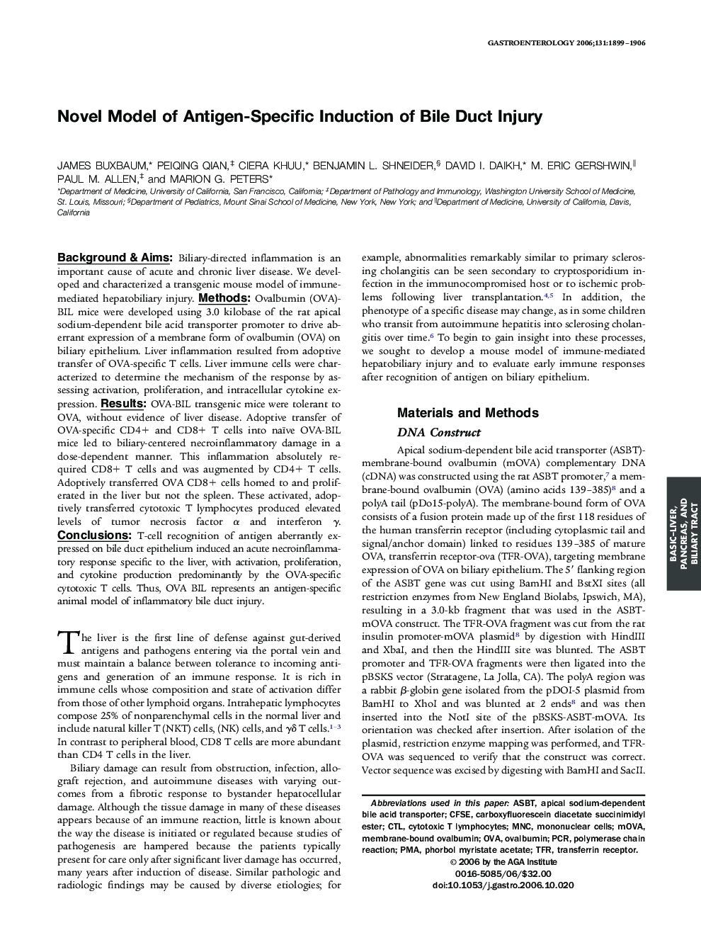 Novel Model of Antigen-Specific Induction of Bile Duct Injury