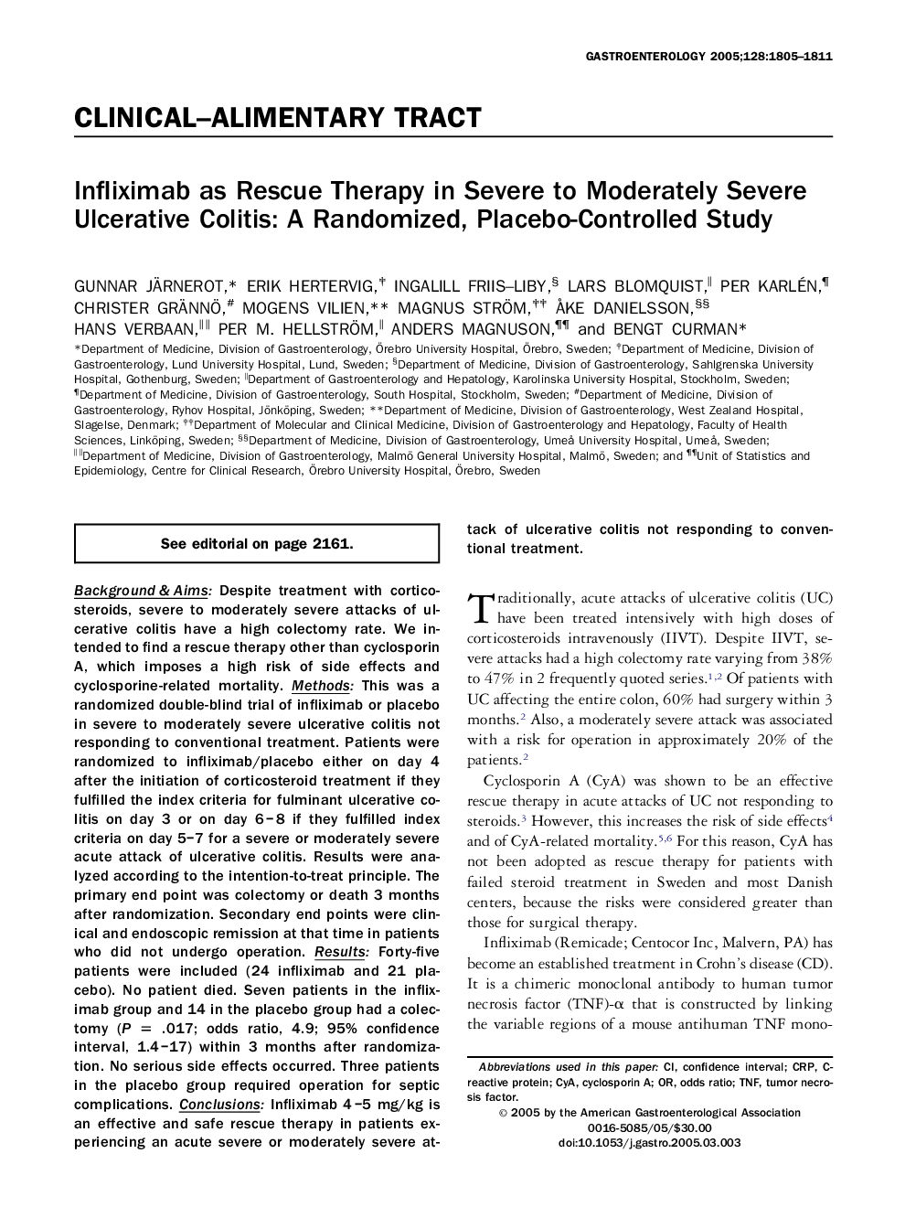 Infliximab as Rescue Therapy in Severe to Moderately Severe Ulcerative Colitis: A Randomized, Placebo-Controlled Study 