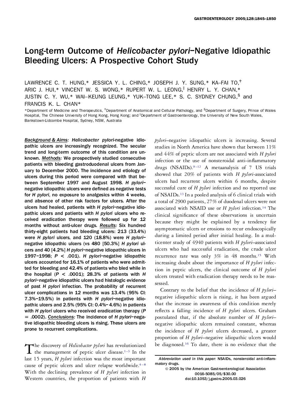 Long-term Outcome of Helicobacter pylori–Negative Idiopathic Bleeding Ulcers: A Prospective Cohort Study 