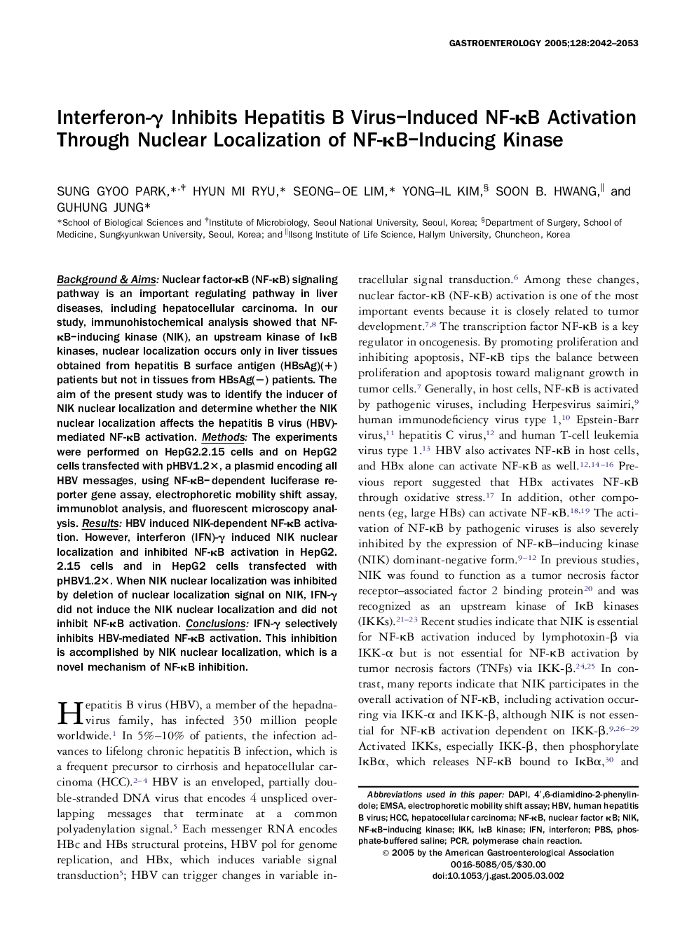 Interferon-Î³ Inhibits Hepatitis B Virus-Induced NF-ÎºB Activation Through Nuclear Localization of NF-ÎºB-Inducing Kinase