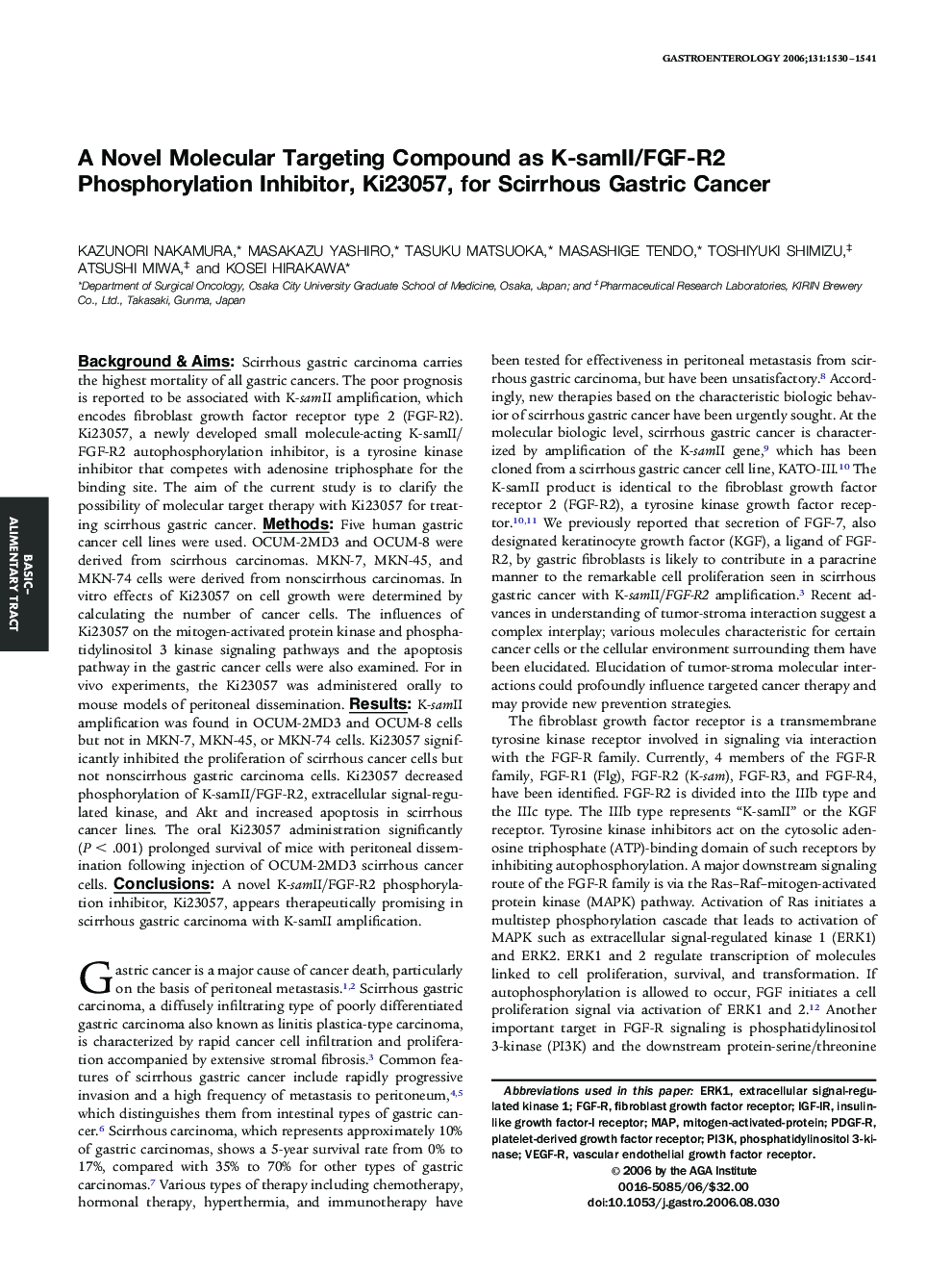 A Novel Molecular Targeting Compound as K-samII/FGF-R2 Phosphorylation Inhibitor, Ki23057, for Scirrhous Gastric Cancer